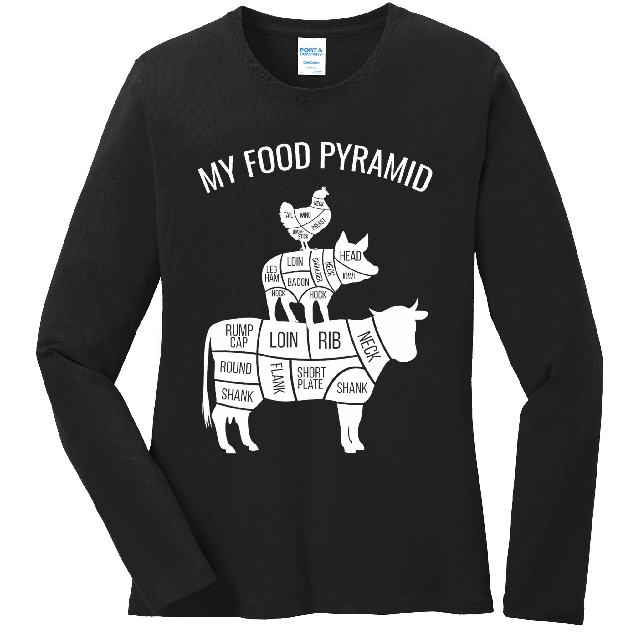 My Food Pyramid Funny Carnivore Cow Pig Chicken Ladies Long Sleeve Shirt