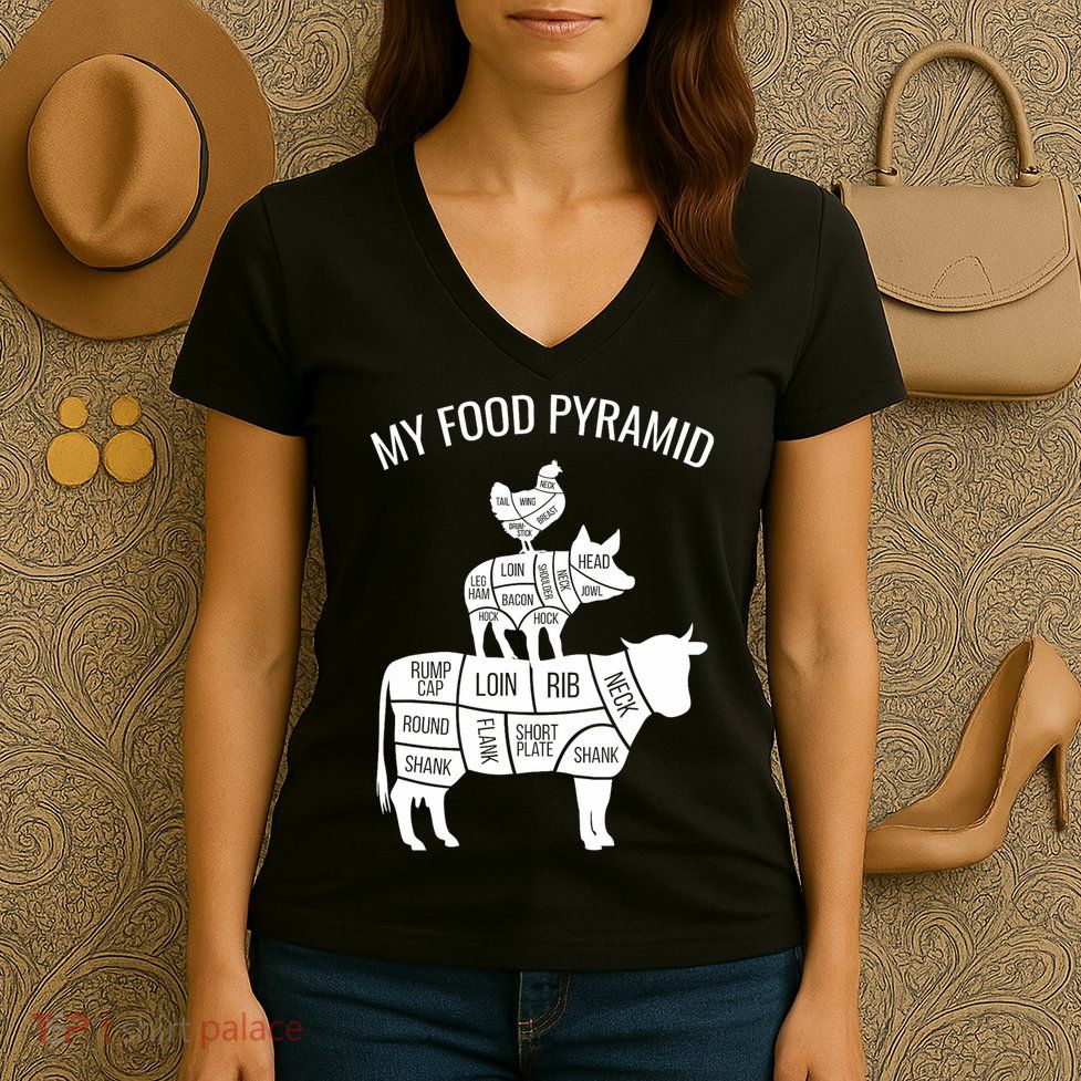 My Food Pyramid Funny Carnivore Cow Pig Chicken Women's V-Neck T-Shirt