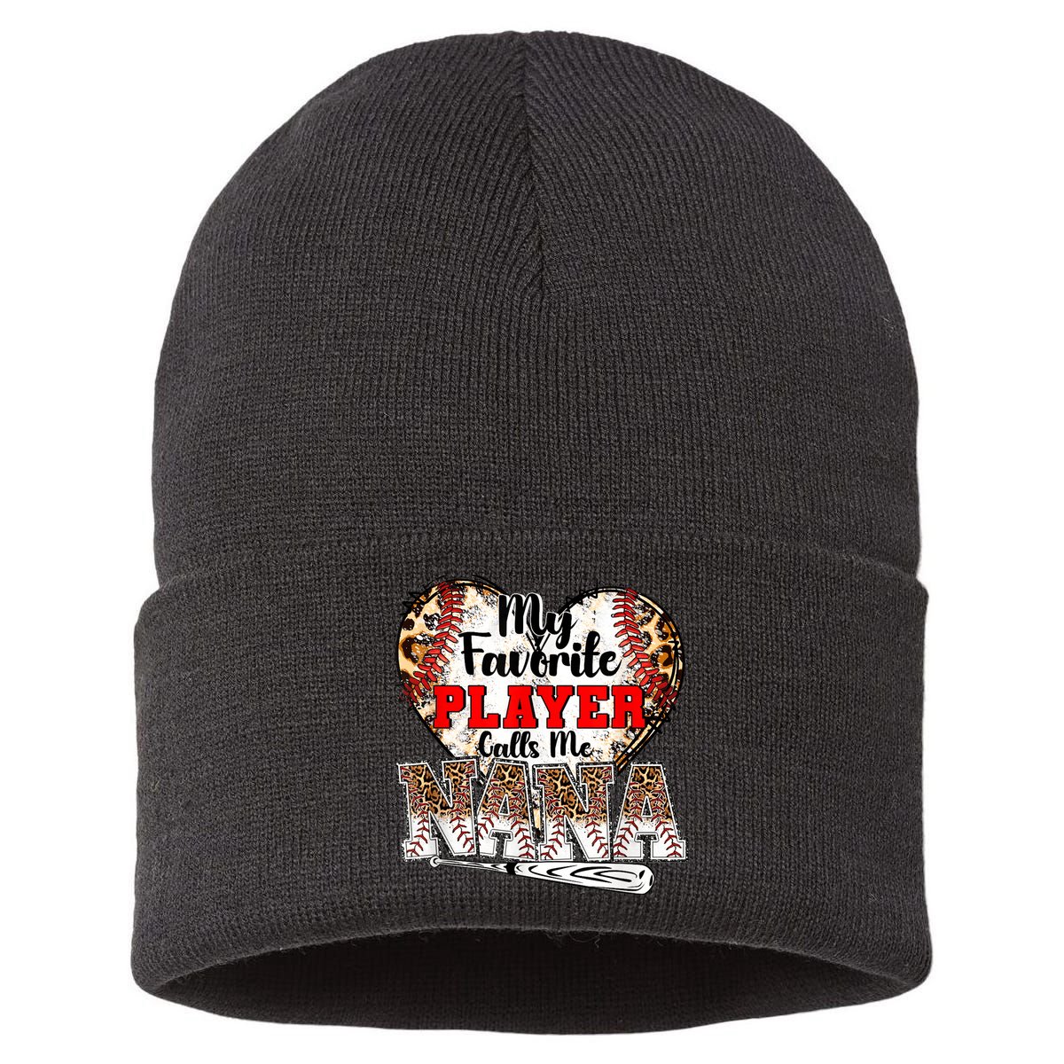 My Favorite Player Calls Me Nana Baseball Leopard Grandma, Mother's Day Sustainable Knit Beanie