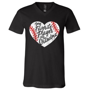 My Favorite Player Calls Me Grandma Baseball Heart Wo's V-Neck T-Shirt