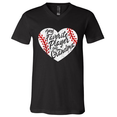 My Favorite Player Calls Me Grandma Baseball Heart Wo's V-Neck T-Shirt