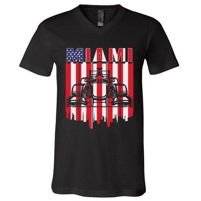 Miami Formula Racing Track Circuit United States Flag V-Neck T-Shirt