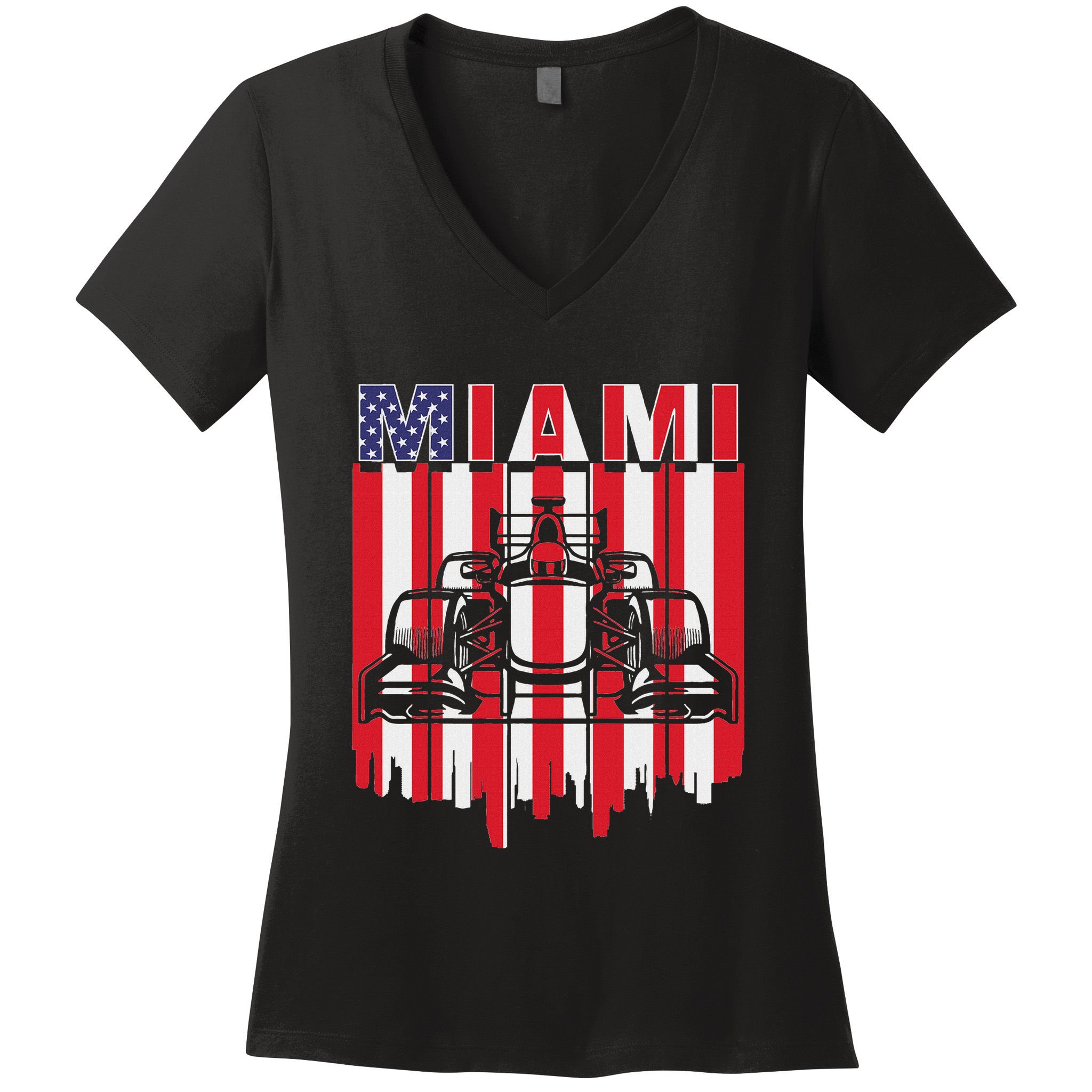 Miami Formula Racing Track Circuit United States Flag Women's V-Neck T-Shirt