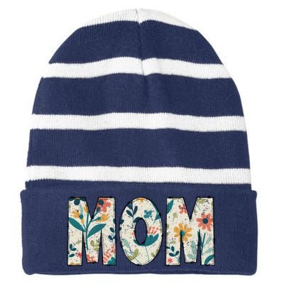 Mom Floral Retro Striped Beanie with Solid Band