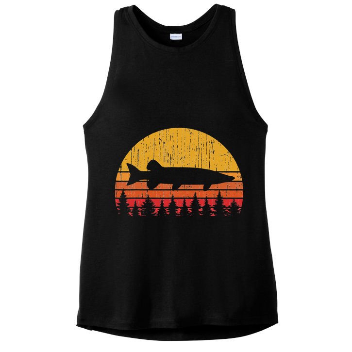 Muskie Fishing Retro Musky Fisherman Treeline Sunset Ladies PosiCharge Tri-Blend Wicking Tank