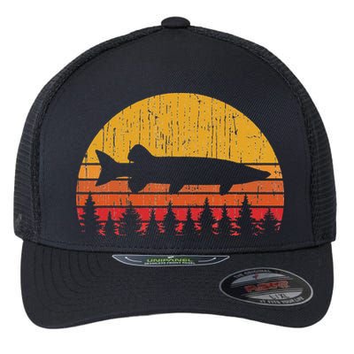 Muskie Fishing Retro Musky Fisherman Treeline Sunset Flexfit Unipanel Trucker Cap