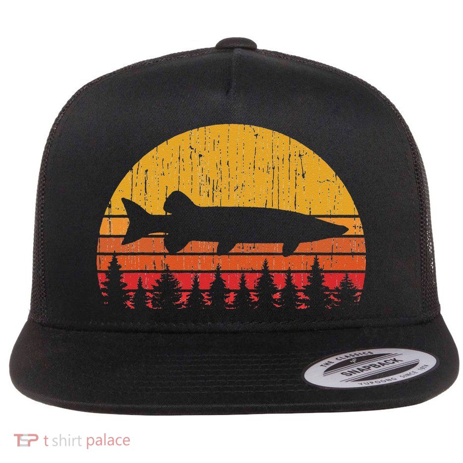 Muskie Fishing Retro Musky Fisherman Treeline Sunset Flatbill Hat
