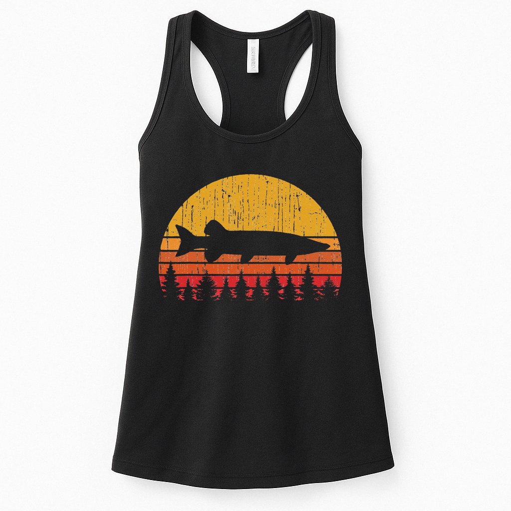 Muskie Fishing Retro Musky Fisherman Treeline Sunset Womens Tank Top
