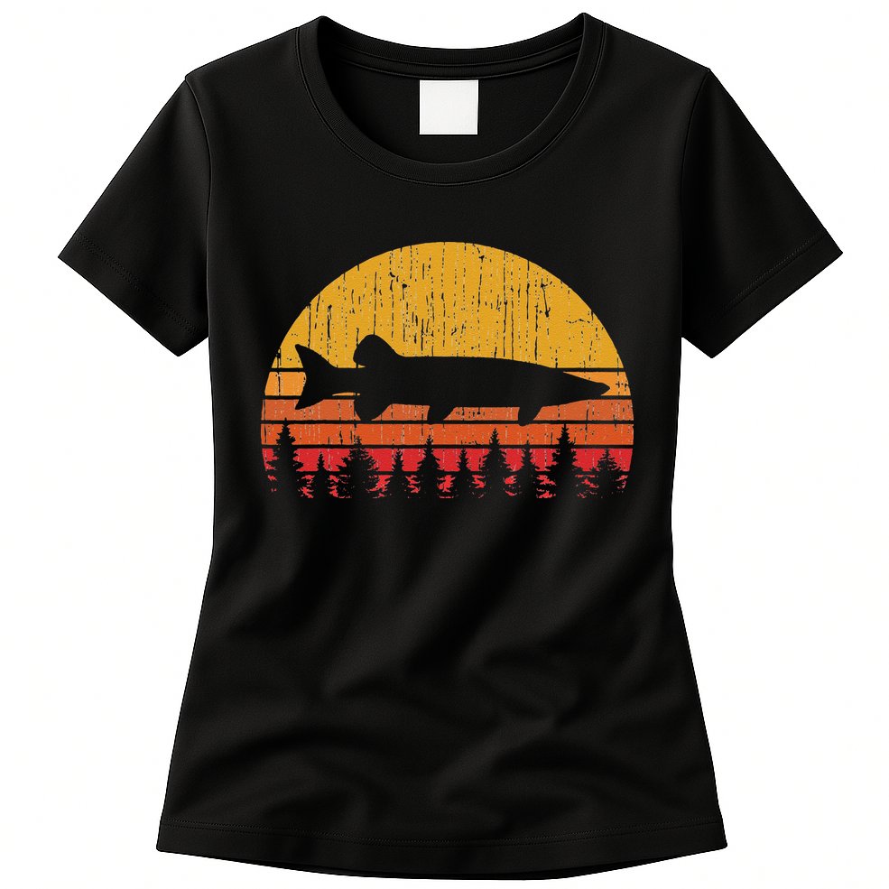 Muskie Fishing Retro Musky Fisherman Treeline Sunset Womens T-Shirt