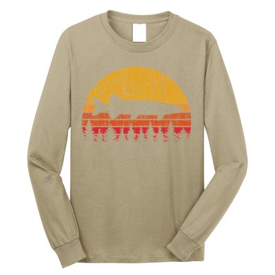 Muskie Fishing Retro Musky Fisherman Treeline Sunset Long Sleeve Shirt