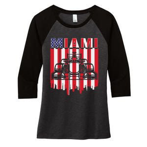 Miami Formula Racing Track Circuit United States Flag Women's Tri-Blend 3/4-Sleeve Raglan Shirt