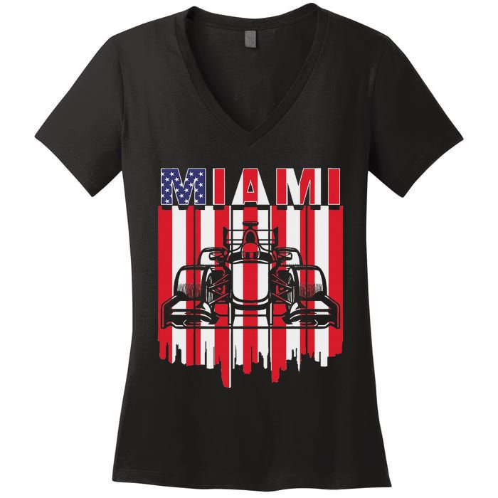 Miami Formula Racing Track Circuit United States Flag Women's V-Neck T-Shirt