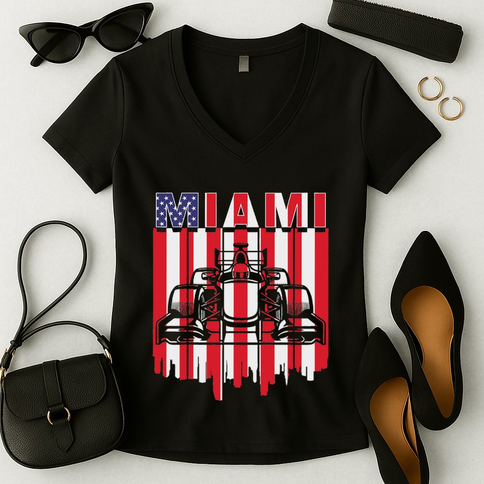 Miami Formula Racing Track Circuit United States Flag Women's V-Neck T-Shirt