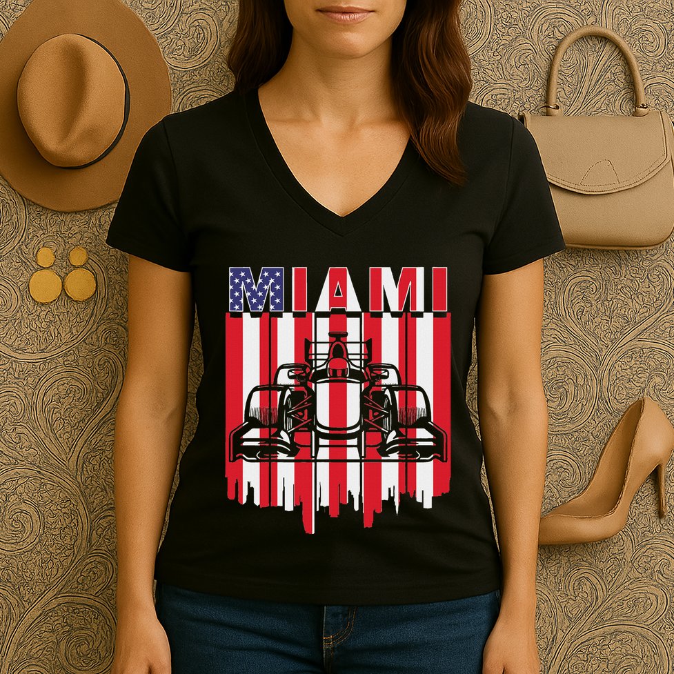 Miami Formula Racing Track Circuit United States Flag Women's V-Neck T-Shirt