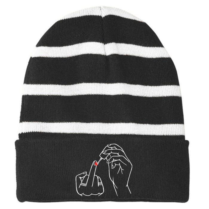 Middle Finger Red Nail Polish Striped Beanie with Solid Band