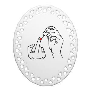 Middle Finger Red Nail Polish Ceramic Oval Ornament