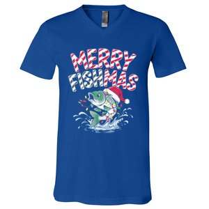 Merry Fishmas Santa Fishing Lovers Funny Fisher Christmas Gift V-Neck T-Shirt