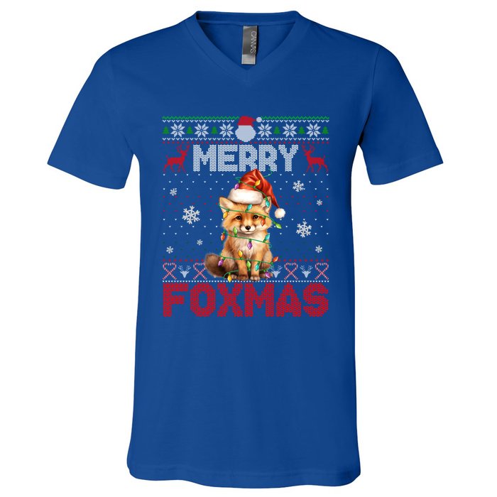 Merry Foxmas Santa Fox Lights Fox Lovers Ugly Xmas Cute Gift V-Neck T-Shirt