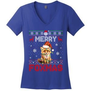 Merry Foxmas Santa Fox Lights Fox Lovers Ugly Xmas Cute Gift Women's V-Neck T-Shirt