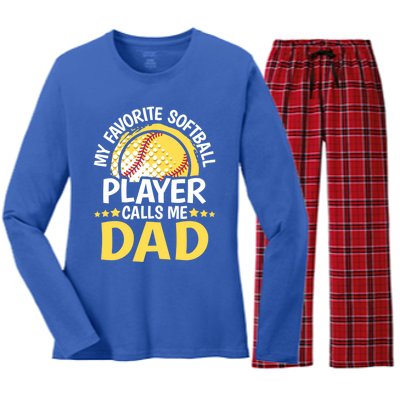 My Favorite Softball Player Calls Me Dad Funny Softball Dad Gift Women's Long Sleeve Flannel Pajama Set 