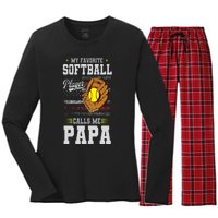 My Favorite Softball Player Calls Me Papa Father’S Day Dad Women's Long Sleeve Flannel Pajama Set 