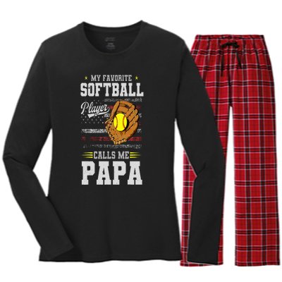 My Favorite Softball Player Calls Me Papa Father’S Day Dad Women's Long Sleeve Flannel Pajama Set 