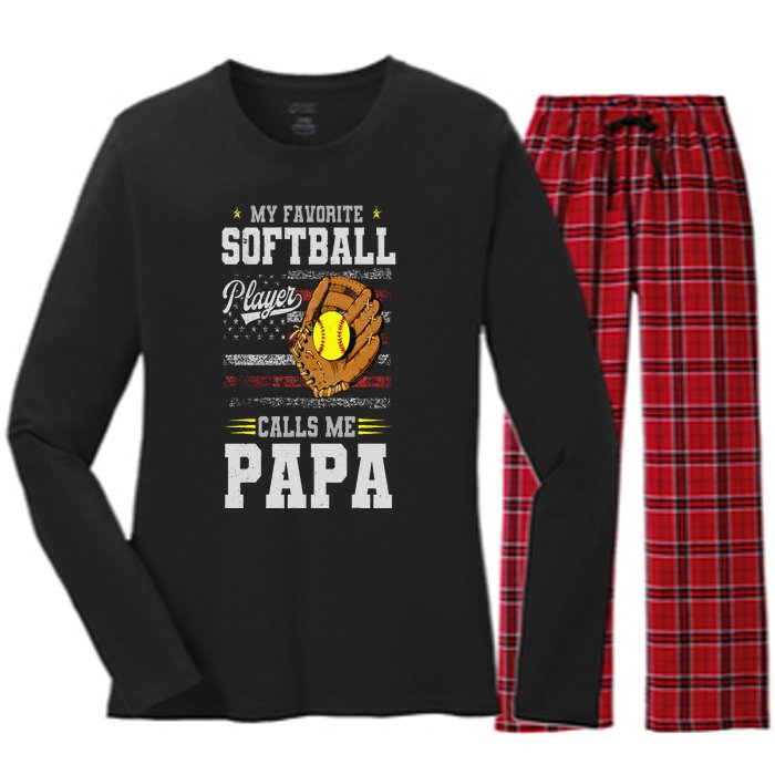 My Favorite Softball Player Calls Me Papa Father’S Day Dad Women's Long Sleeve Flannel Pajama Set 