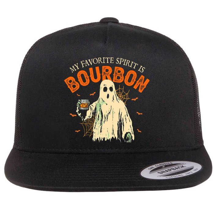 My Favorite Spirit Is Bourbon Funny Ghost Halloween Costume Flat Bill Trucker Hat