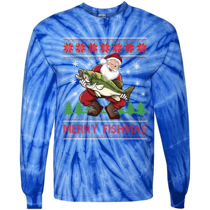 Merry Fishmas Santa Fishing Ugly Christmas Sweater Style Gift Tie-Dye Long Sleeve Shirt