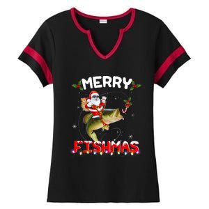 Merry Fishmas Santa Riding Fish Christmas Pjs Fishers Ladies Halftime Notch Neck Tee