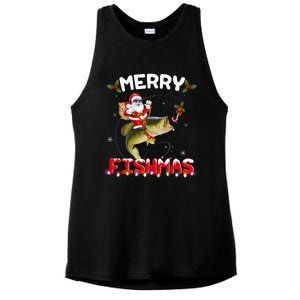 Merry Fishmas Santa Riding Fish Christmas Pjs Fishers Ladies PosiCharge Tri-Blend Wicking Tank