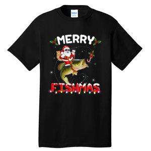 Merry Fishmas Santa Riding Fish Christmas Pjs Fishers Tall T-Shirt