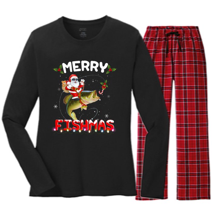 Merry Fishmas Santa Riding Fish Christmas Pjs Fishers Women's Long Sleeve Flannel Pajama Set 