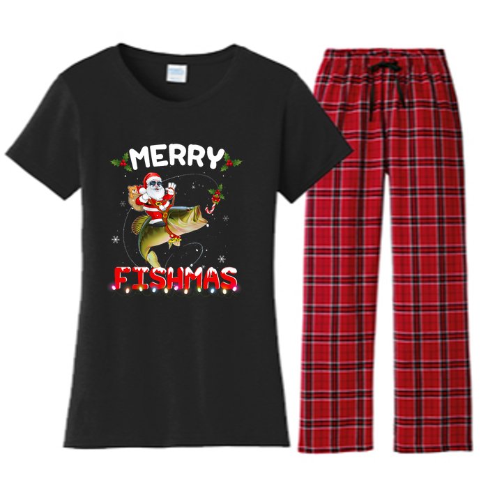 Merry Fishmas Santa Riding Fish Christmas Pjs Fishers Women's Flannel Pajama Set