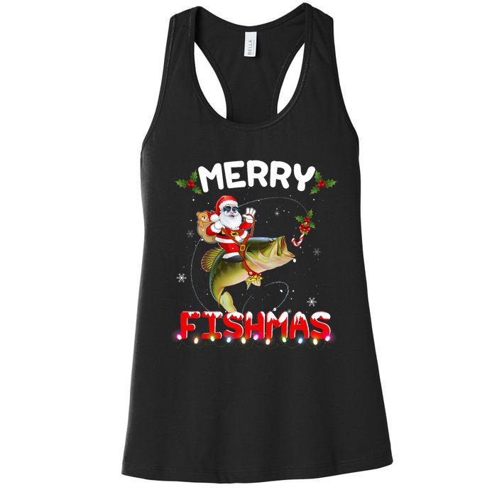 Merry Fishmas Santa Riding Fish Christmas Pjs Fishers Women's Racerback Tank