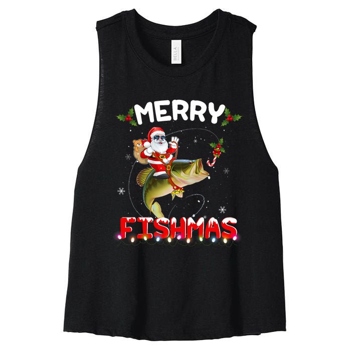 Merry Fishmas Santa Riding Fish Christmas Pjs Fishers Women's Racerback Cropped Tank