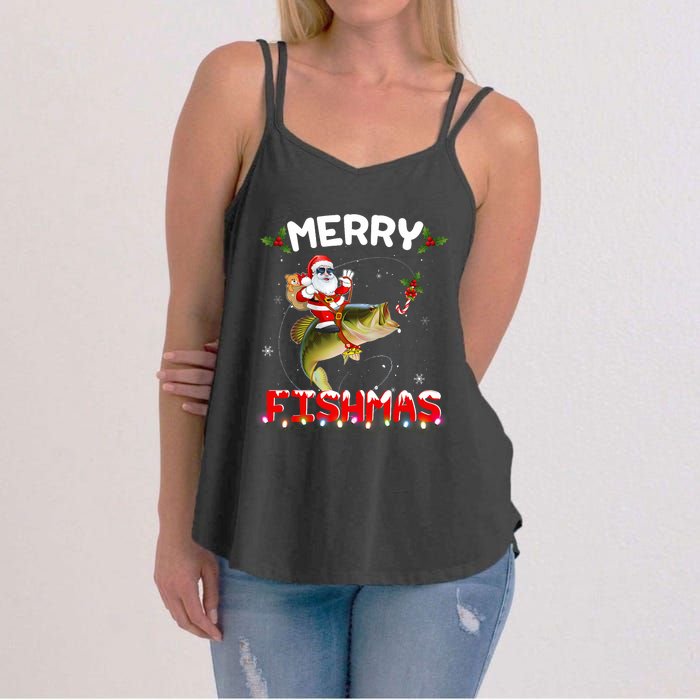 Merry Fishmas Santa Riding Fish Christmas Pjs Fishers Women's Strappy Tank