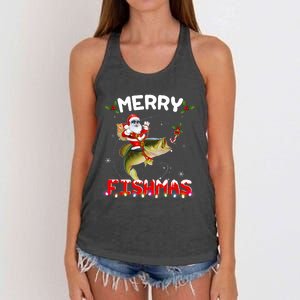 Merry Fishmas Santa Riding Fish Christmas Pjs Fishers Women's Knotted Racerback Tank