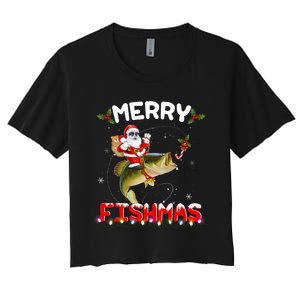 Merry Fishmas Santa Riding Fish Christmas Pjs Fishers Women's Crop Top Tee