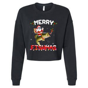 Merry Fishmas Santa Riding Fish Christmas Pjs Fishers Cropped Pullover Crew