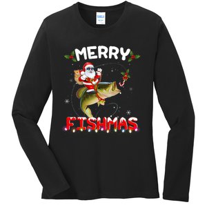 Merry Fishmas Santa Riding Fish Christmas Pjs Fishers Ladies Long Sleeve Shirt