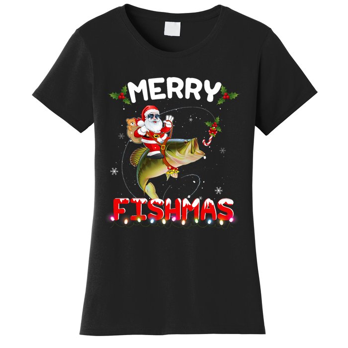 Merry Fishmas Santa Riding Fish Christmas Pjs Fishers Women's T-Shirt