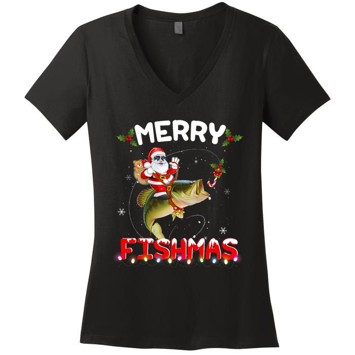 Merry Fishmas Santa Riding Fish Christmas Pjs Fishers Women's V-Neck T-Shirt