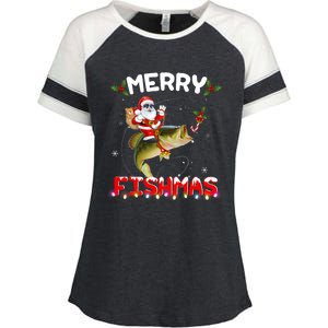 Merry Fishmas Santa Riding Fish Christmas Pjs Fishers Enza Ladies Jersey Colorblock Tee