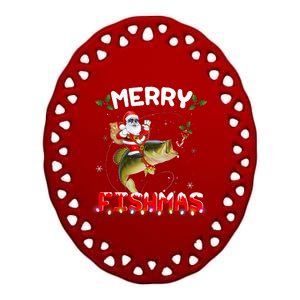 Merry Fishmas Santa Riding Fish Christmas Pjs Fishers Ceramic Oval Ornament