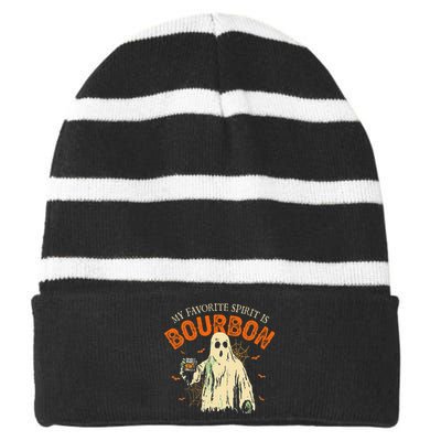 My Favorite Spirit Is Bourbon Funny Ghost Halloween Costume Gift Striped Beanie with Solid Band