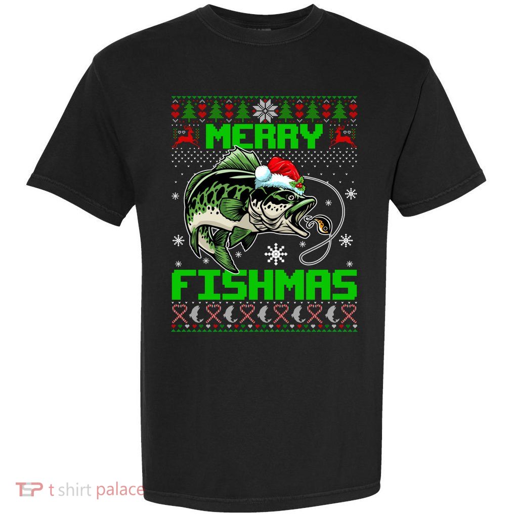 Merry Fishmas Santa Bass Fish Christmas Fishing Ugly Sweater Meaningful Gift Garment-Dyed Heavyweight T-Shirt