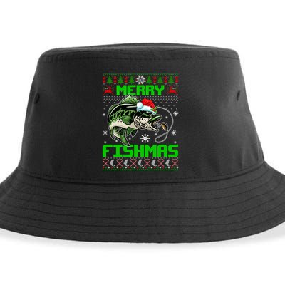 Merry Fishmas Santa Bass Fish Christmas Fishing Ugly Sweater Meaningful Gift Sustainable Bucket Hat