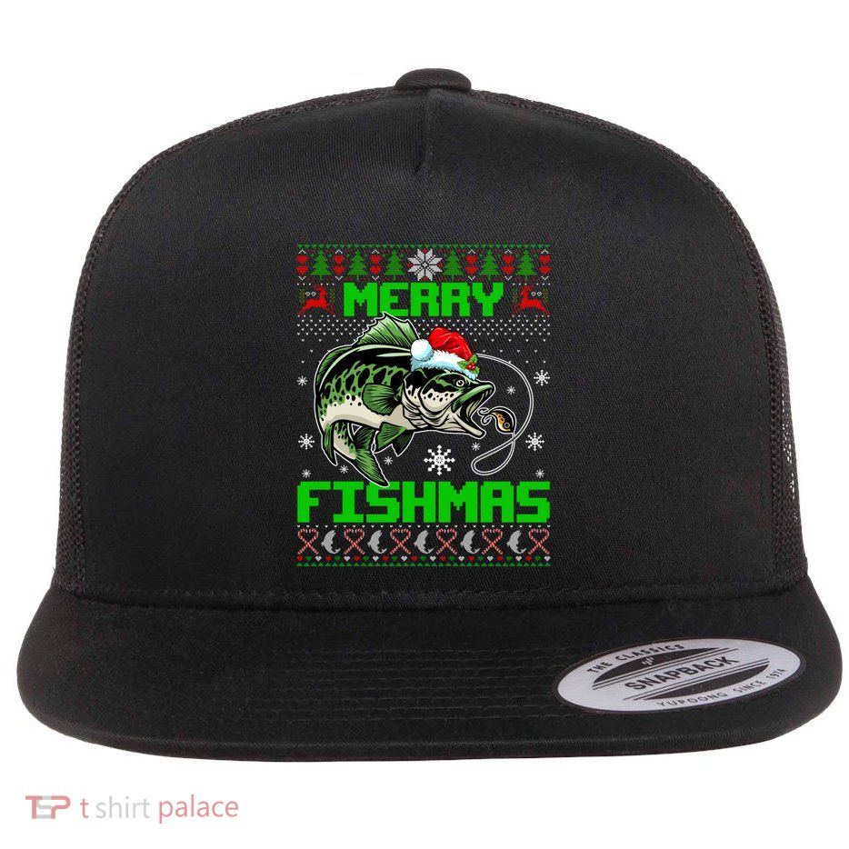 Merry Fishmas Santa Bass Fish Christmas Fishing Ugly Sweater Meaningful Gift Flatbill Hat