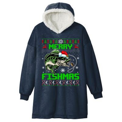 Merry Fishmas Santa Bass Fish Christmas Fishing Ugly Sweater Meaningful Gift Hooded Wearable Blanket